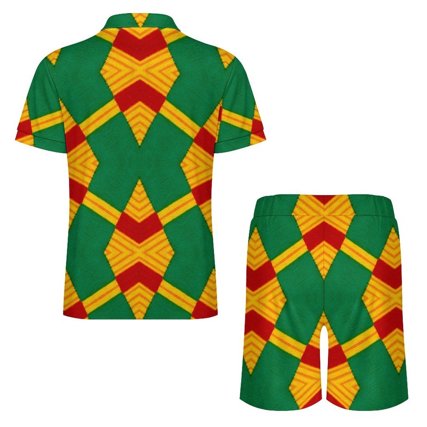 Men Bold Green, Red & Gold African Kente-Inspired Pattern All-Over Print Zip-Up Polo Set