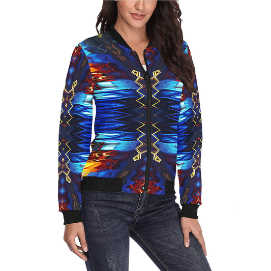 Women's Blue & Red Kaleidoscope Pattern All-Over Print Bomber Jacket