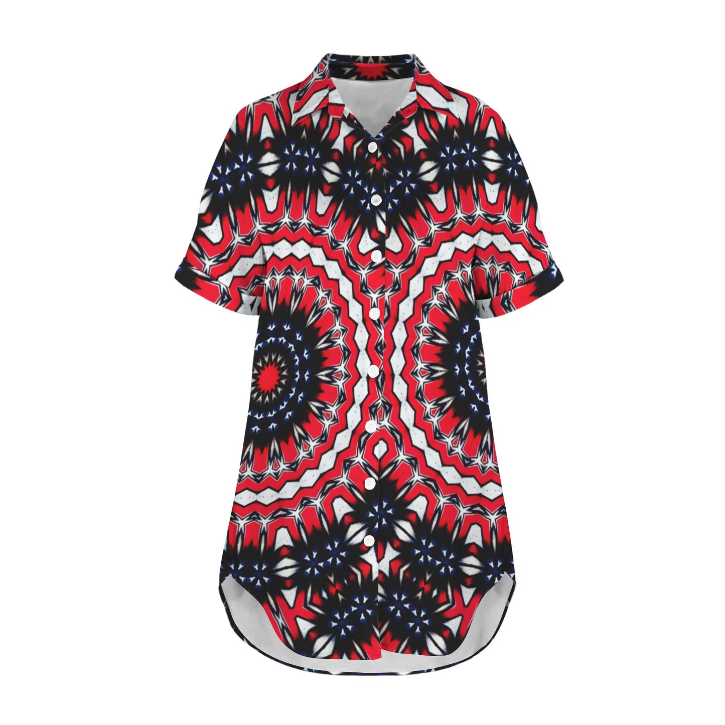 Women's Red, White & Blue Geometric Star Pattern All-Over Print Short Sleeve Button Front Shirt Dress