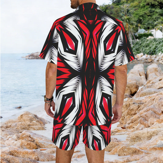 Men's Abstract Red, White & Black Pattern All-Over Print Hawaiian Shirt & Shorts Set