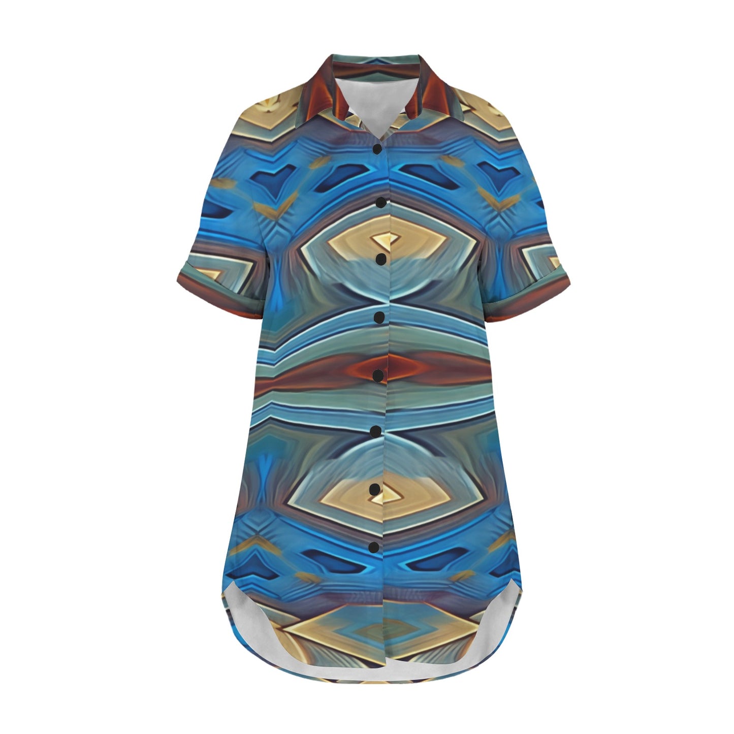 Women's Retro Radiant Circle Pattern All-Over Print Short Sleeve Button Front Shirt Dress