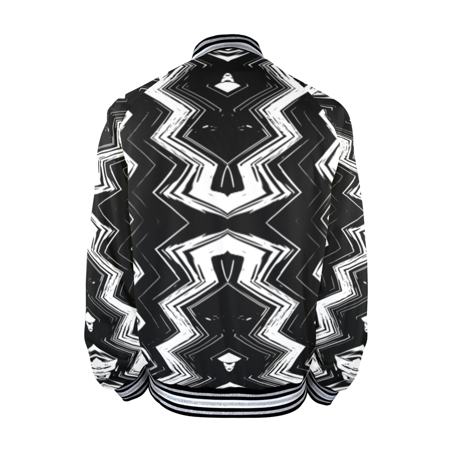 Men's Black & White Geometric Pattern All-Over Print Striped Trim Bomber Jacket