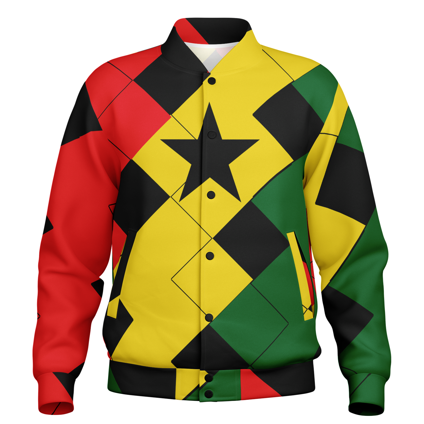 Men's Ghana Flag & Black Star Pattern All-Over Print Baseball Jacket