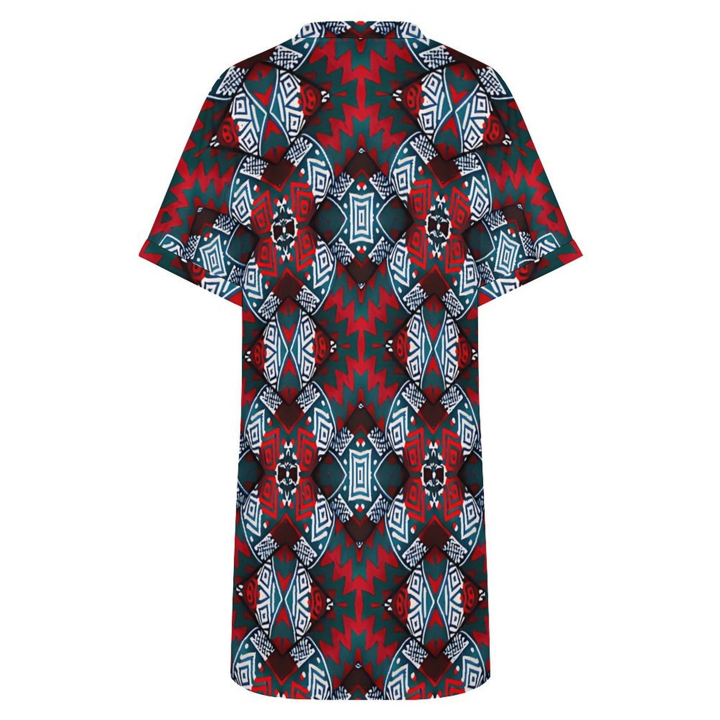 Women's Red, Green & White Teal Aztec Geo Pattern All-Over Print Casual V-Neck Dress with Rolled Cuffs