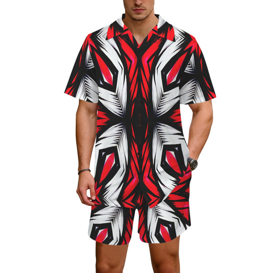 Men's Abstract Red, White & Black Pattern All-Over Print Hawaiian Shirt & Shorts Set