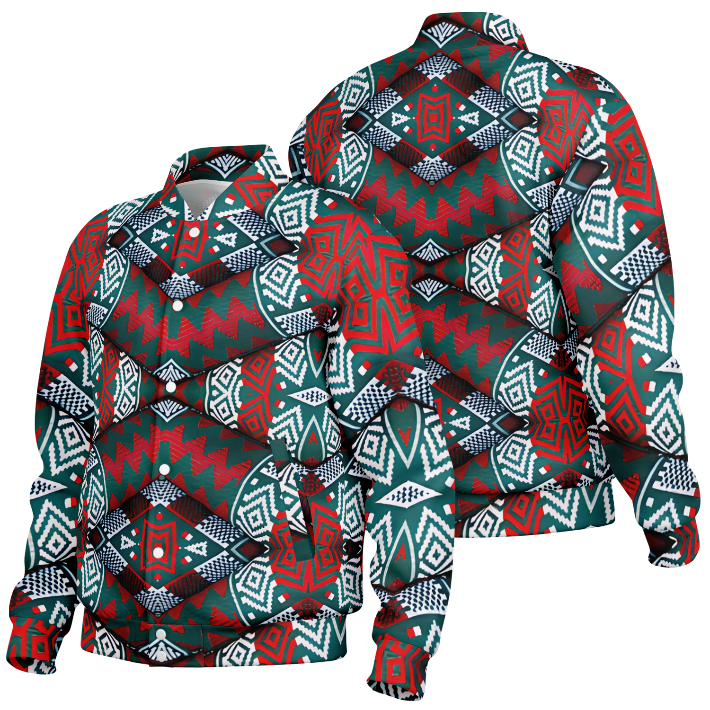 Women's Red, Green & White Teal Aztec Geo Pattern All-Over Print Baseball Jacket