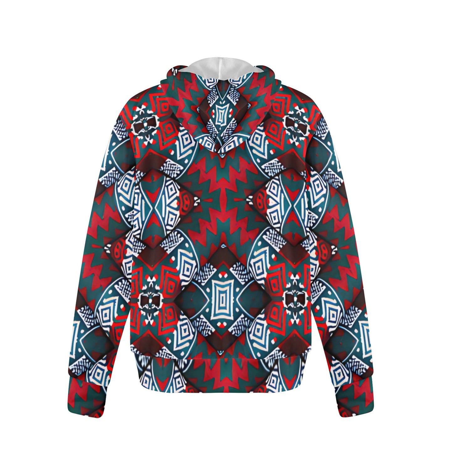 Men's Red, Green & White Teal Aztec Geo Pattern All-Over Print Fleece Full-Zip Hoodie