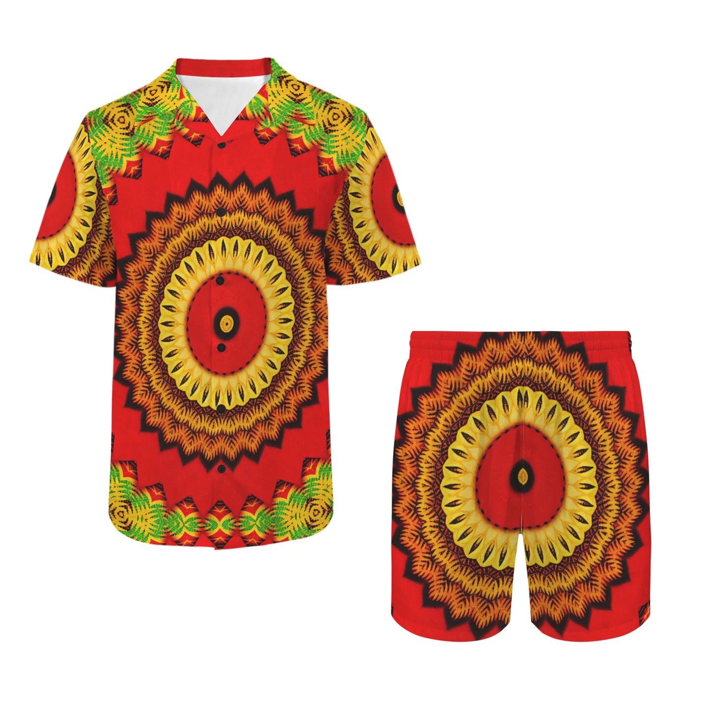 Men's Red Tribal Kaleidoscope Oversized Hawaiian Shirt & Shorts Set