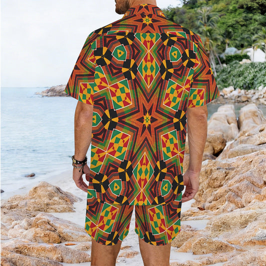 Men's African Kente Geometric Star Pattern All-Over Print Hawaiian Shirt & Shorts Set