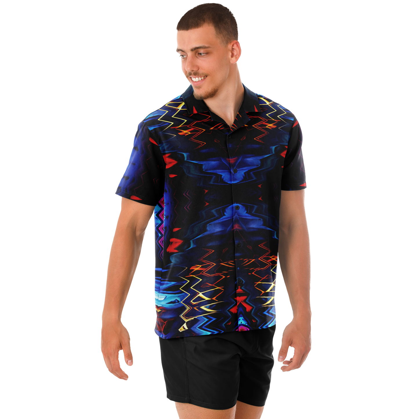 Men's Blue & Red Kaleidoscope Pattern All Over Print Spread Collar Short Sleeve Button-Down Shirt
