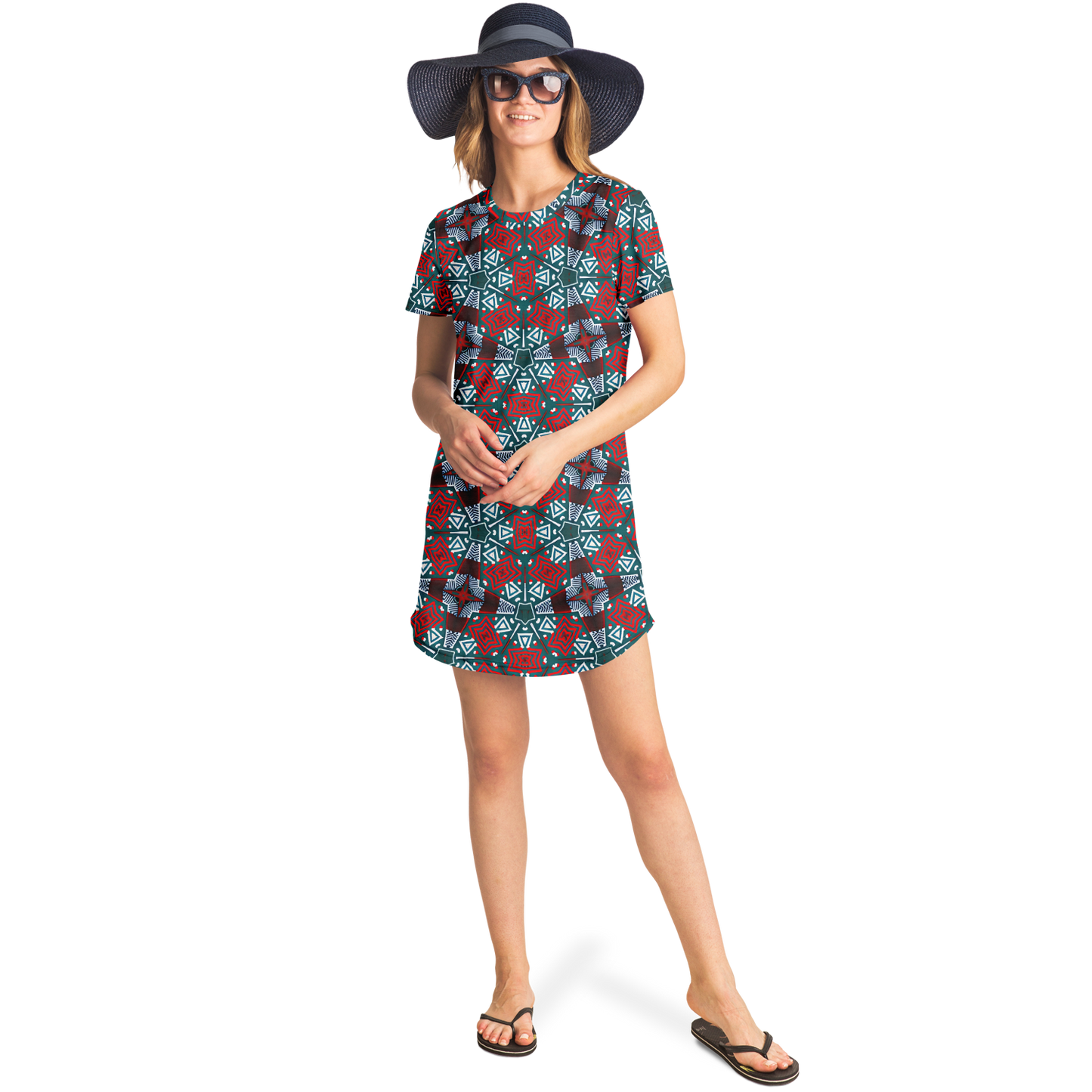 Women's Red, Green & White Teal Aztec Geo Pattern All-Over Print T-Shirt Dress