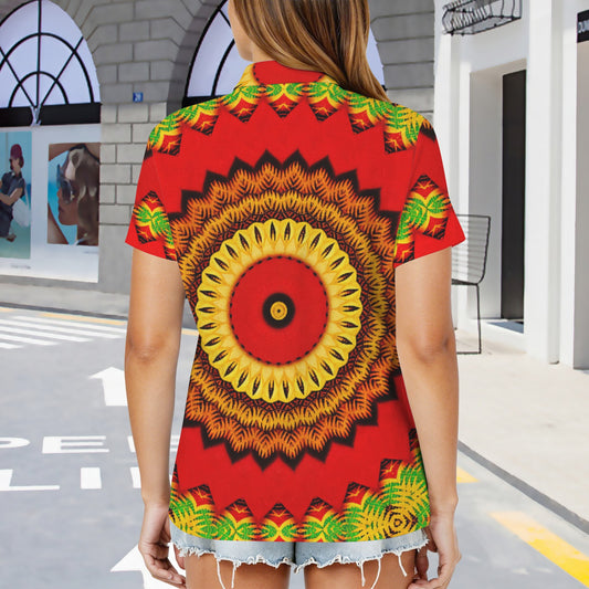 Women's Red Tribal Kaleidoscope Pattern All Over Print Zipper Polo Shirt