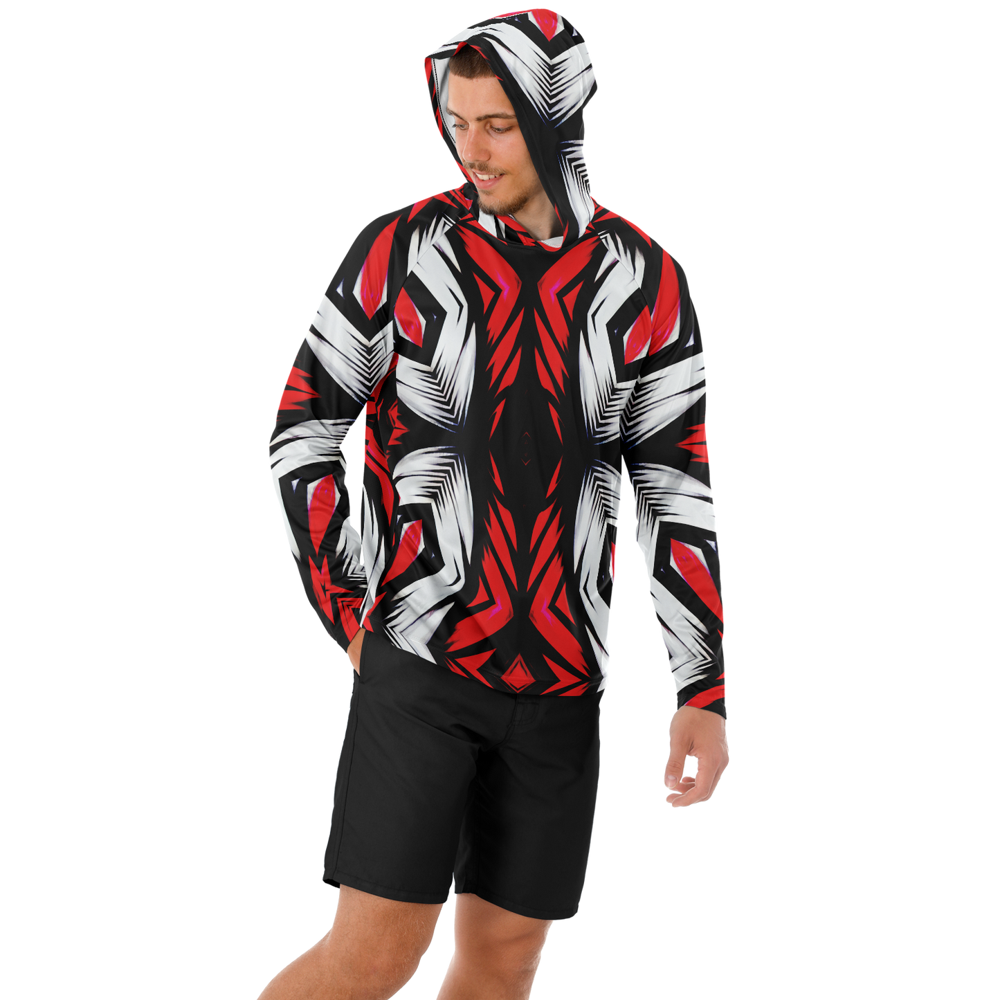 Men's Abstract Red, White & Black Pattern All-Over Print Long Sleeve Hooded Performance Shirt