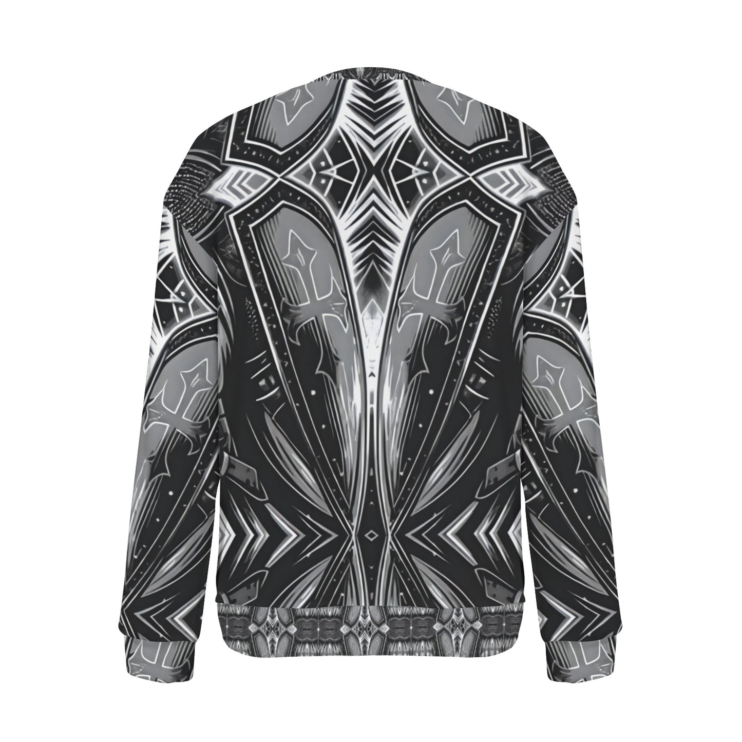 Women's Black & Silver Symmetry Pattern All-Over Print Crew Neck Sweater.