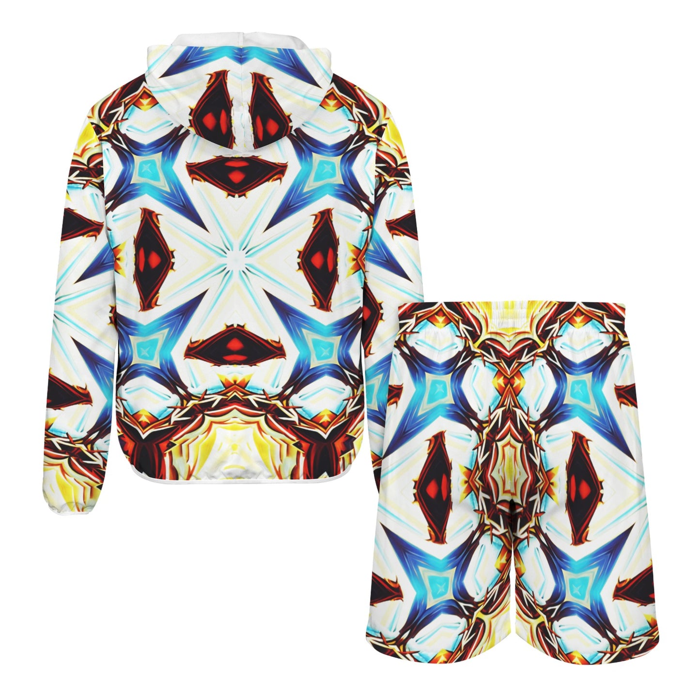 Men's Vibrant Kaleidoscope Geo Pattern All-Over Print Lightweight Sun Hoodie & Shorts Set