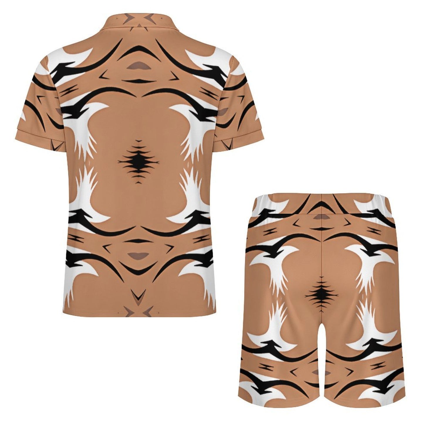 Men's Brown Tribal Wave Pattern All-Over Print Zip-Up Polo Set