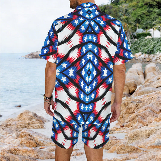 Men's American Flag Pattern All-Over Print Hawaiian Shirt & Shorts Set