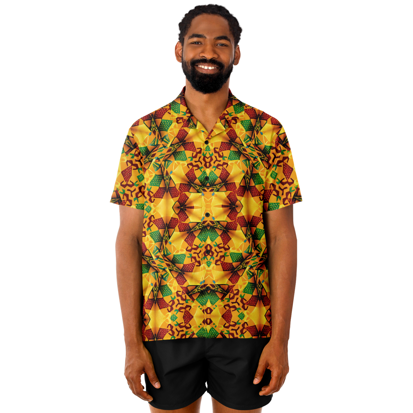 Men's Vibrant African Kente Geometric Pattern All Over Print Spread Collar Short Sleeve Button-Down Shirt