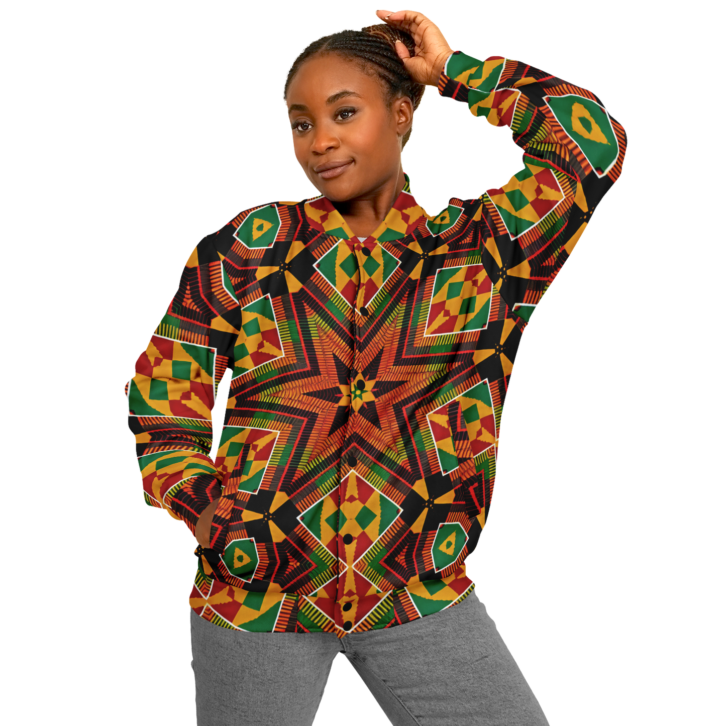 Women's African Kente Geometric Star Pattern All-Over Print Baseball Jacket
