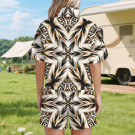 Women's Brown & Black Kaleidoscope Pattern Windbreaker Short Set
