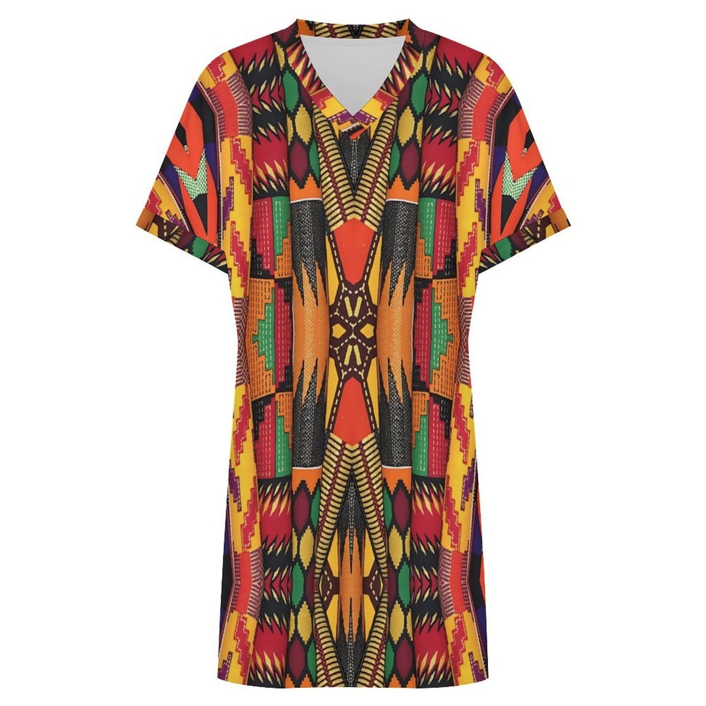 Women's Bold Colorful Aztec Pattern  All-Over Print Casual V-Neck Dress with Rolled Cuffs