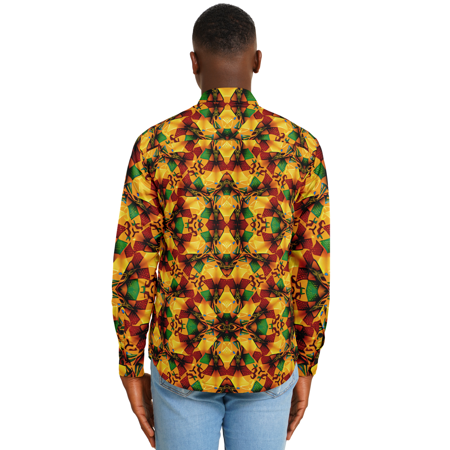Men's Vibrant Autumn Kaleidoscope Pattern Spread Collar Long Sleeve Button-Down All Over Print Shirt.