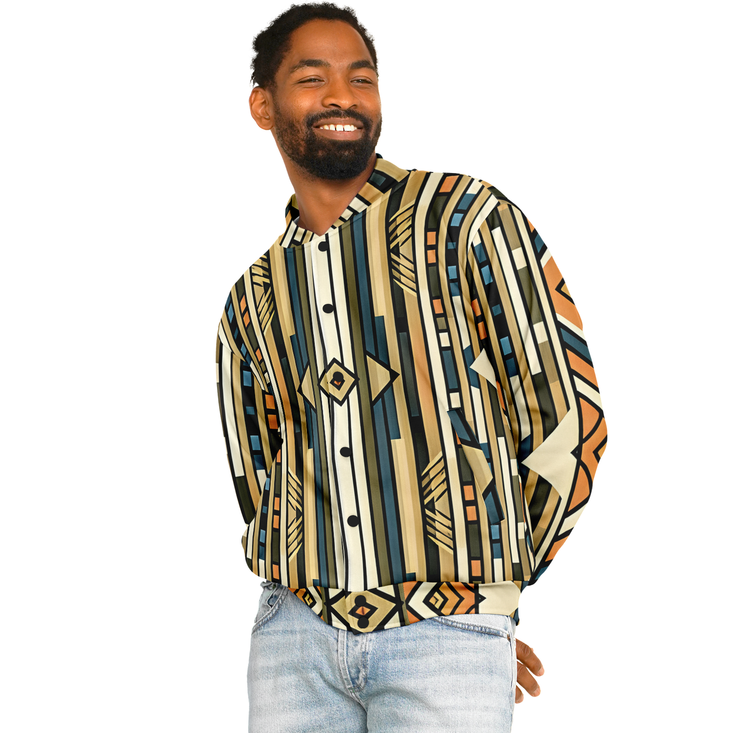 Men's Retro Geometric Tribal Pattern Design All-Over Print Baseball Jacket