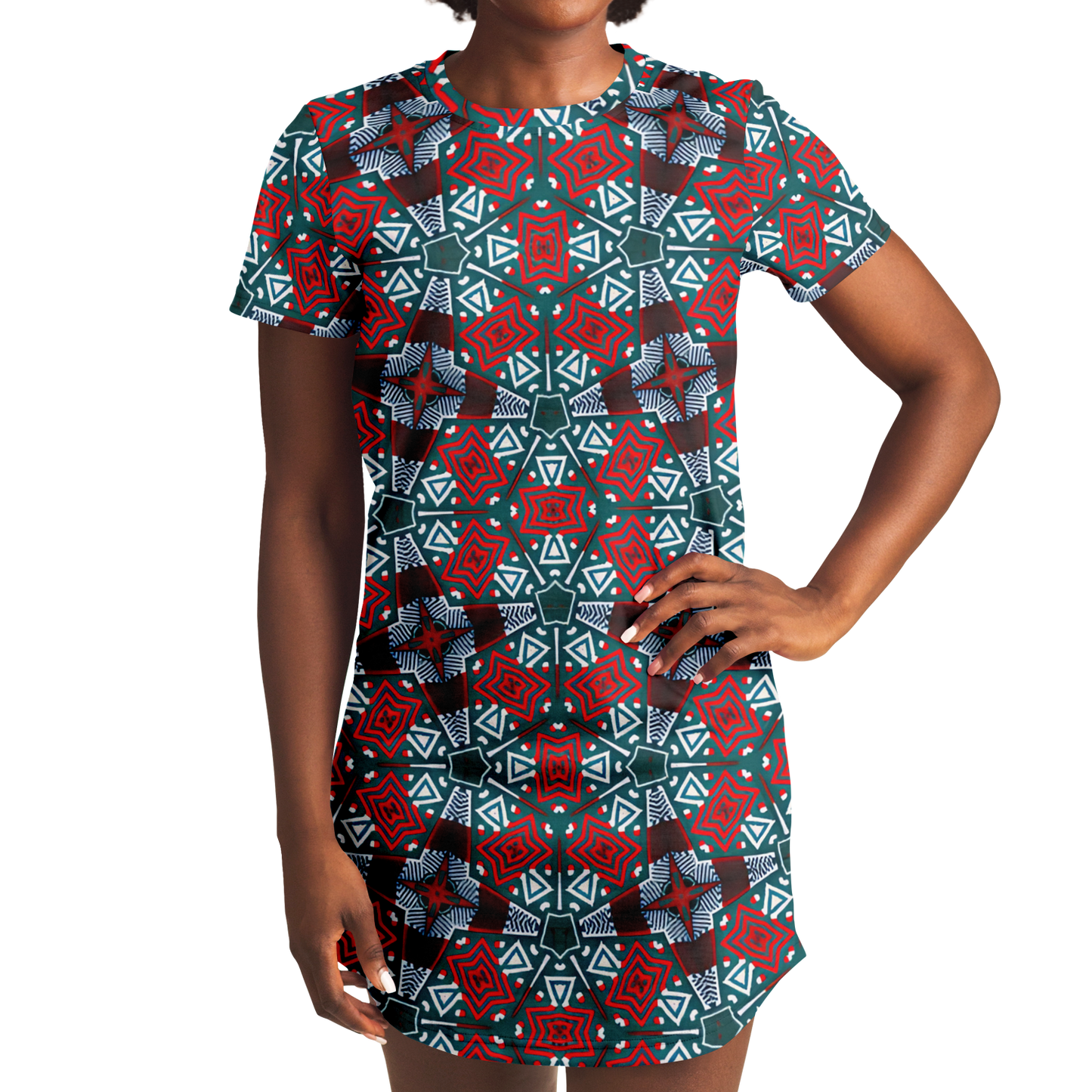 Women's Red, Green & White Teal Aztec Geo Pattern All-Over Print T-Shirt Dress