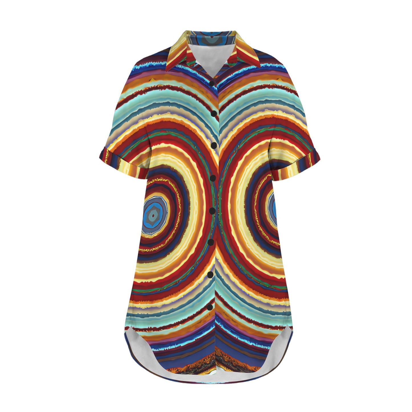Women's Retro Radiant Circle Pattern  All-Over Print Short Sleeve Button Front Shirt Dress