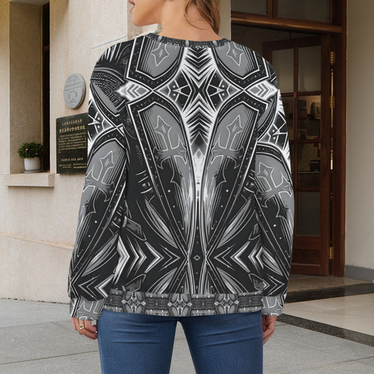 Women's Black & Silver Symmetry Pattern All-Over Print Crew Neck Sweater.