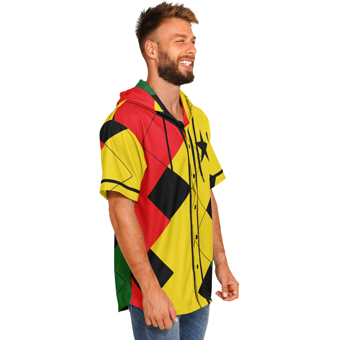 Men's Ghana Flag & Black Star Pattern All-Over Print Hooded Baseball Jersey