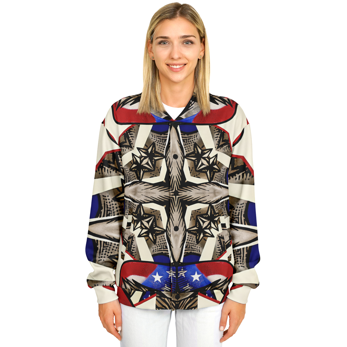 Women's Patriotic Star Kaleidoscope Pattern All-Over Print Baseball Jacket