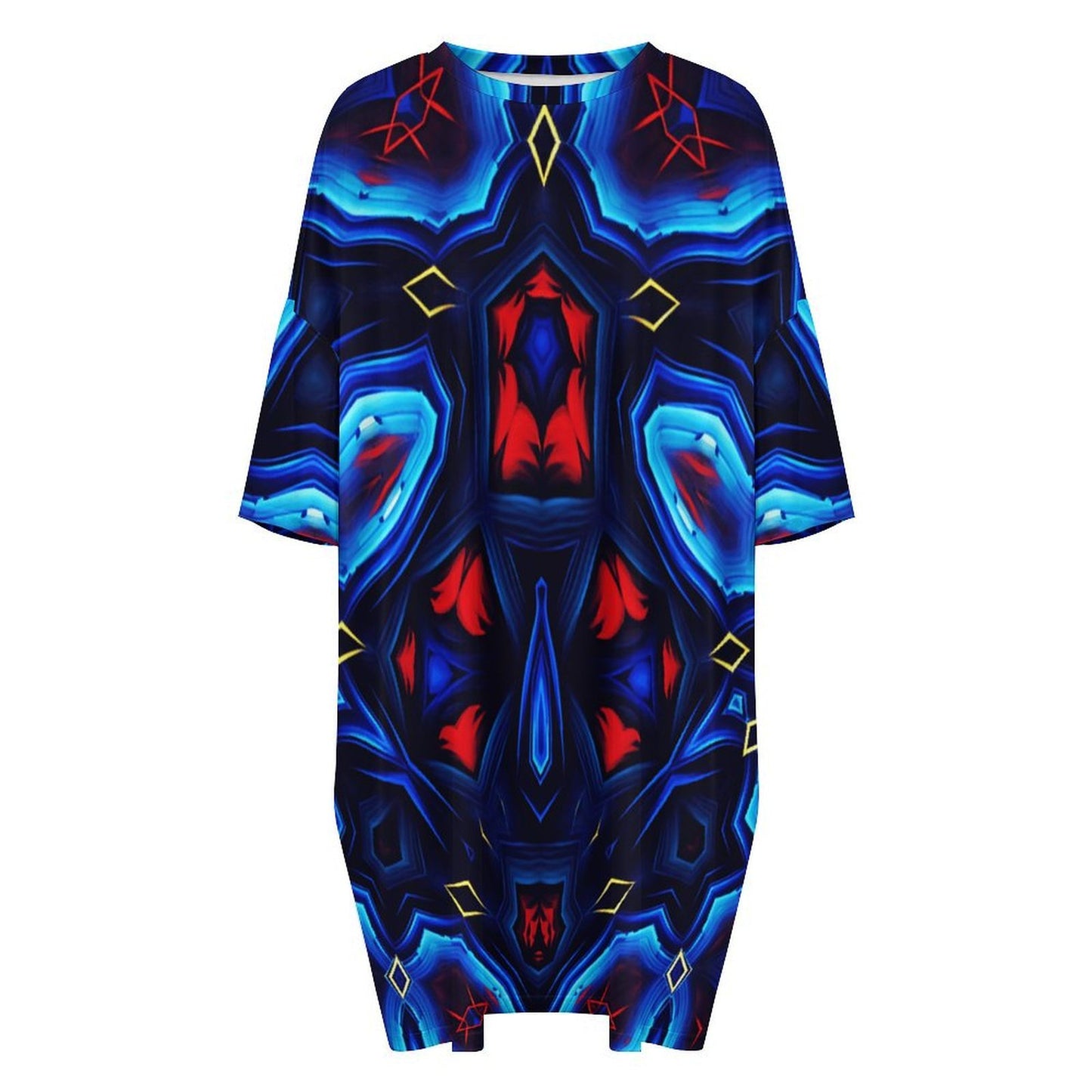 Women's Blue & Red Kaleidoscope Pattern Oversized T- Shirt Loungewear