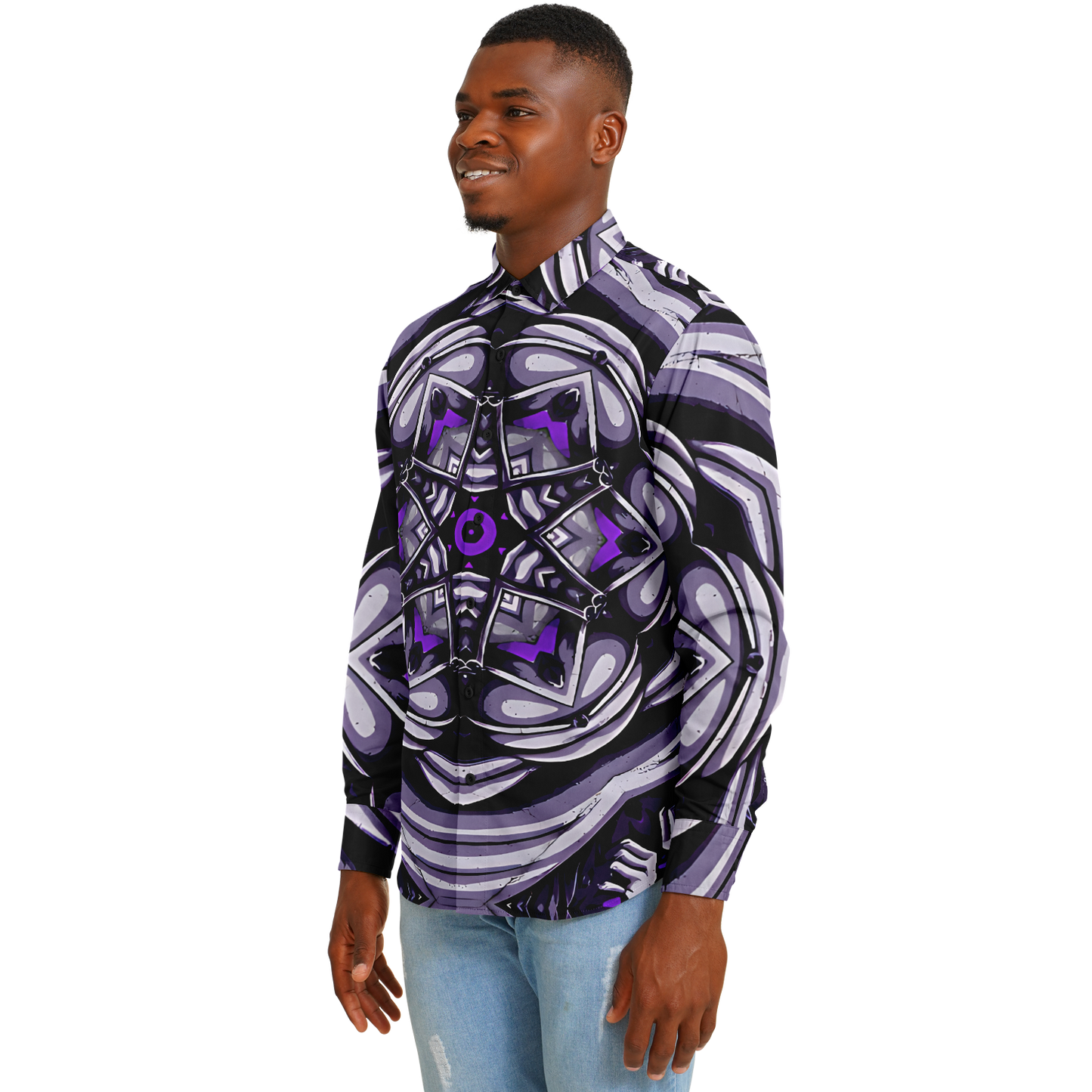Men's Kaleidoscope Purple Pattern Spread Collar Long Sleeve Button-Down All Over Print Shirt.