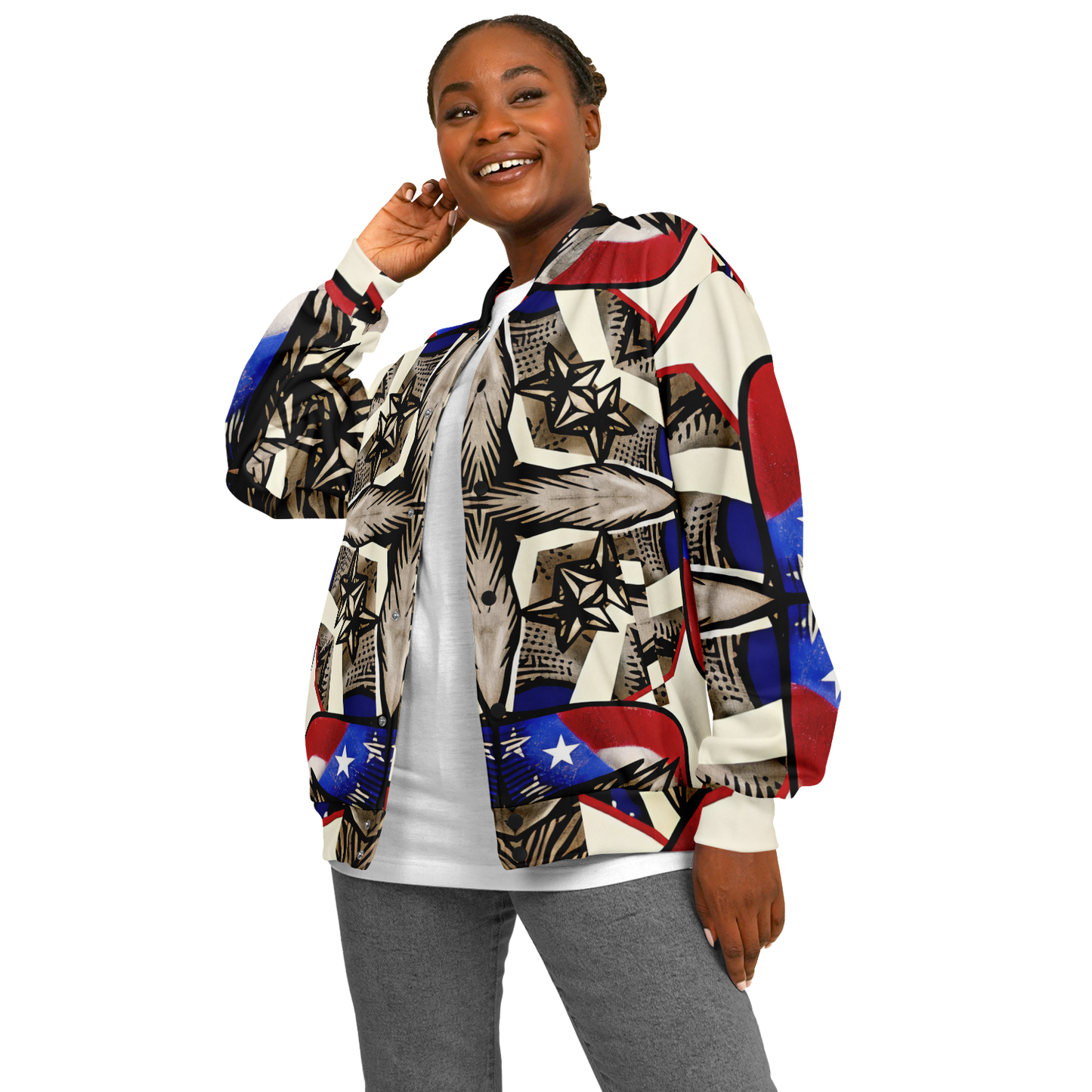 Women's Patriotic Star Kaleidoscope Pattern All-Over Print Baseball Jacket