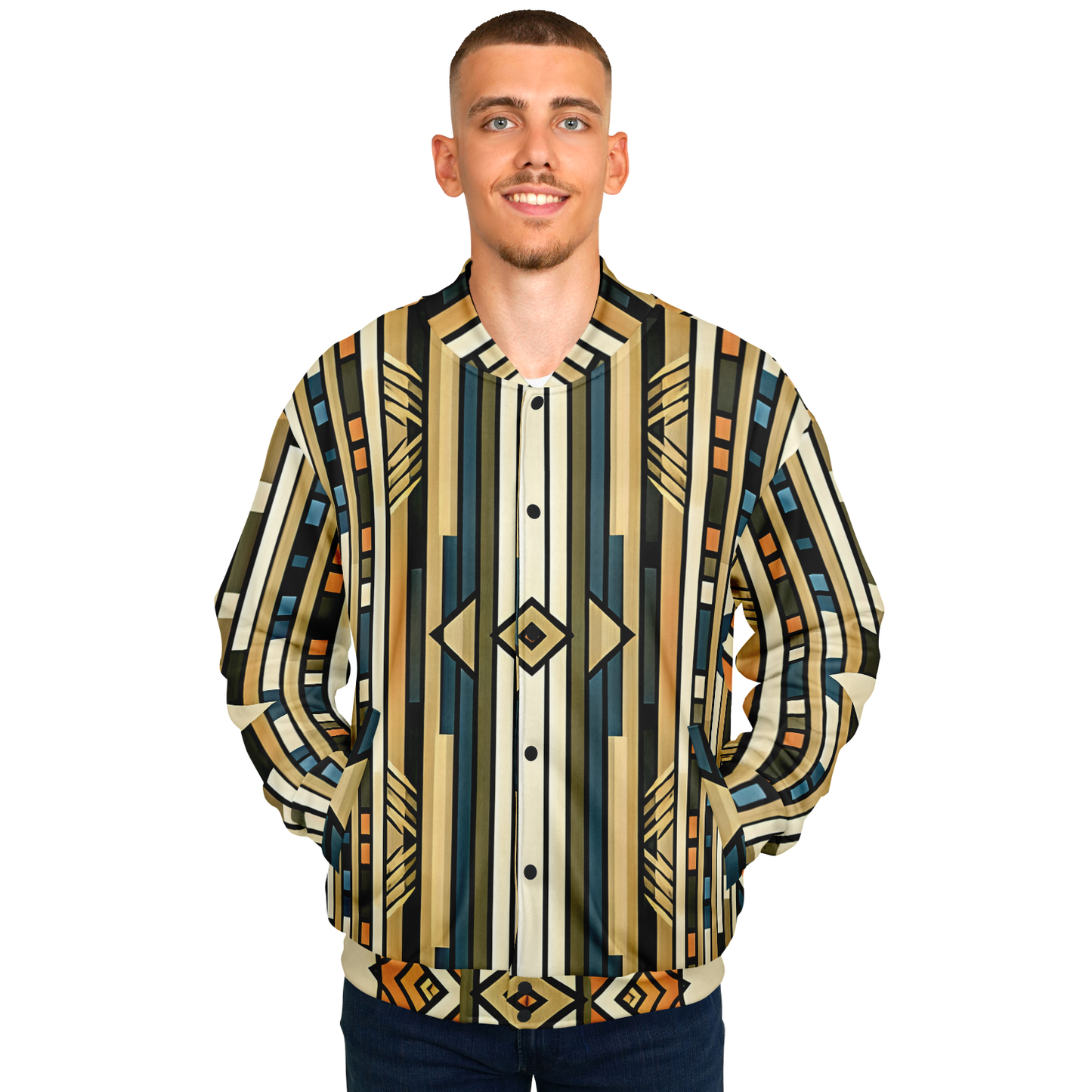 Men's Retro Geometric Tribal Pattern Design All-Over Print Baseball Jacket