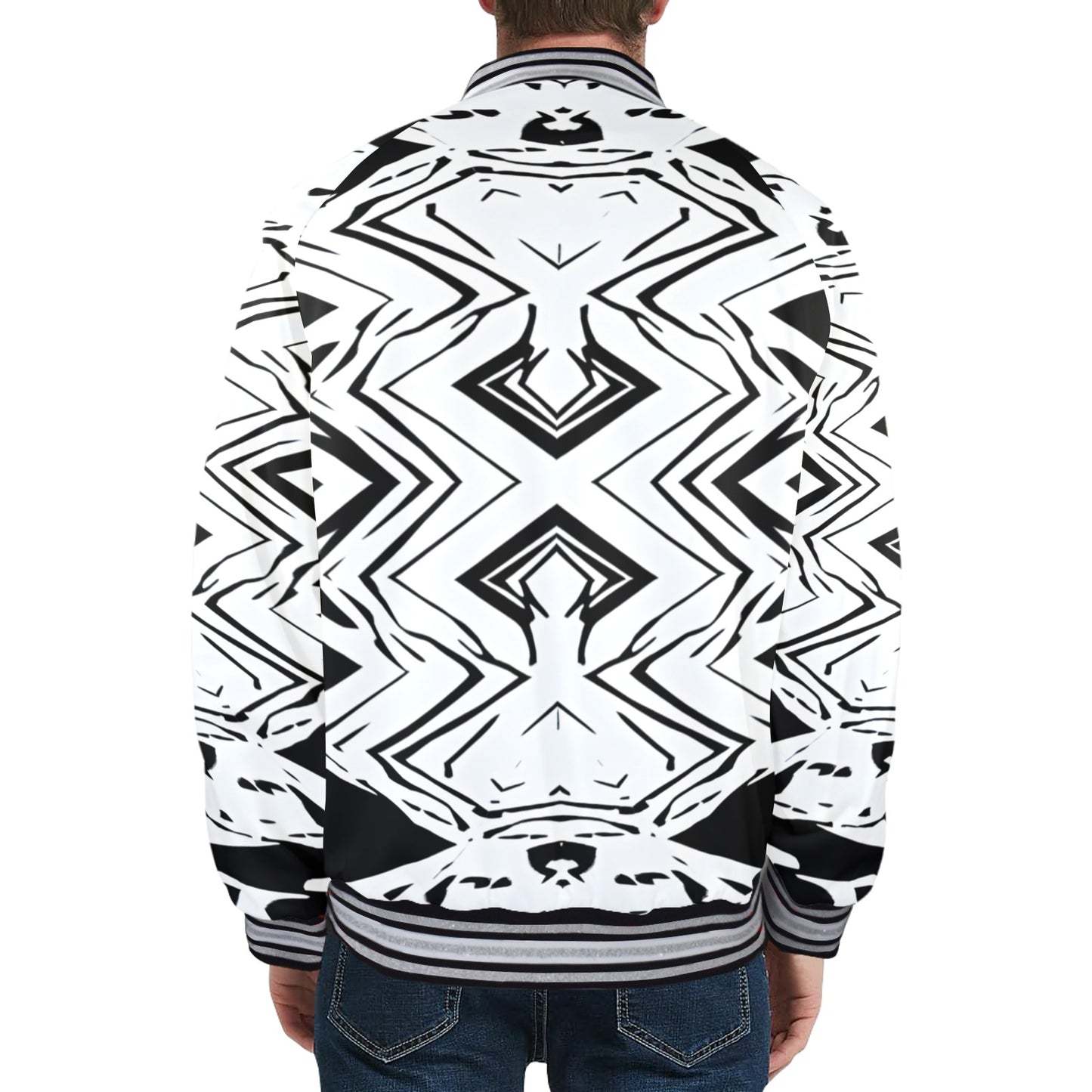 Men's Black & White Kaleidoscope Pattern All Over Print Striped Trim Bomber Jacket