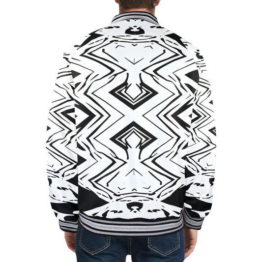 Men's Black & White Kaleidoscope Pattern All Over Print Striped Trim Bomber Jacket