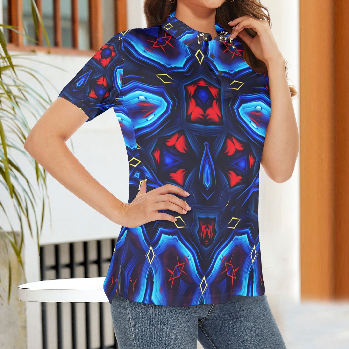 Women's Blue & Red Kaleidoscope Pattern All Over Print Polo Shirt