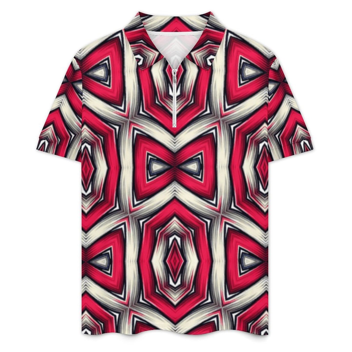 Men's Red Geometric Kaleidoscope Pattern All Over Print Zip-Up Polo Set