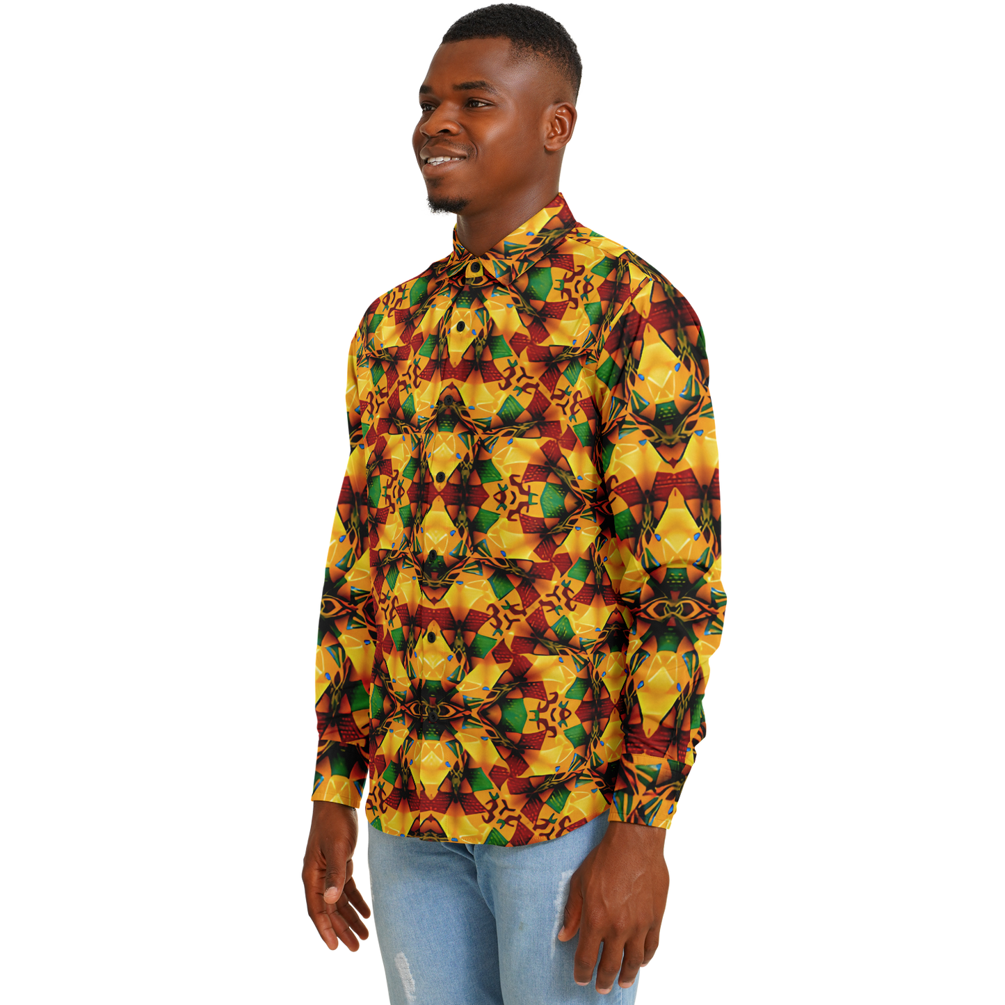 Men's Vibrant Autumn Kaleidoscope Pattern Spread Collar Long Sleeve Button-Down All Over Print Shirt.