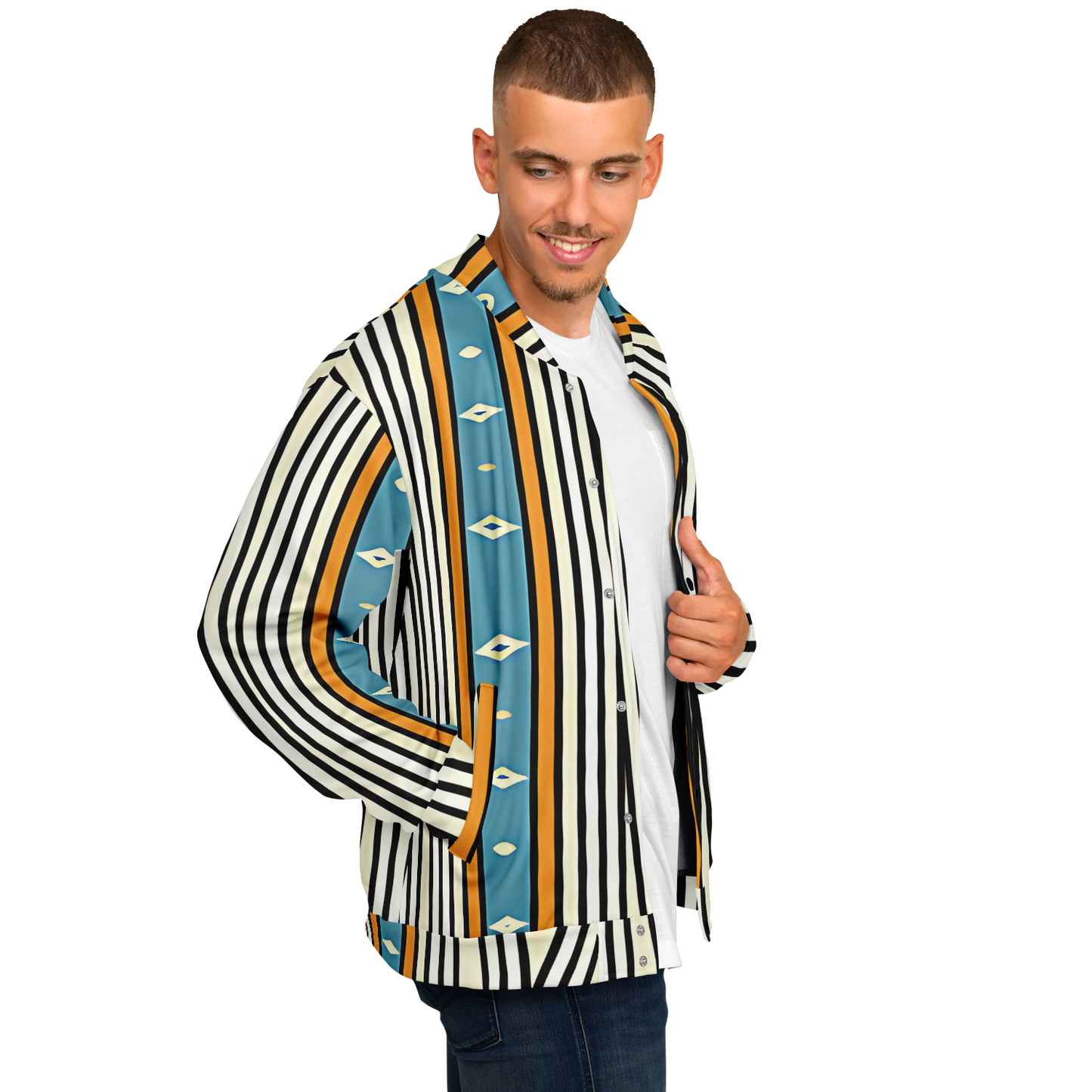 Men's Striped Retro Blue & Orange Patten Design All Over Print Baseball Jacket