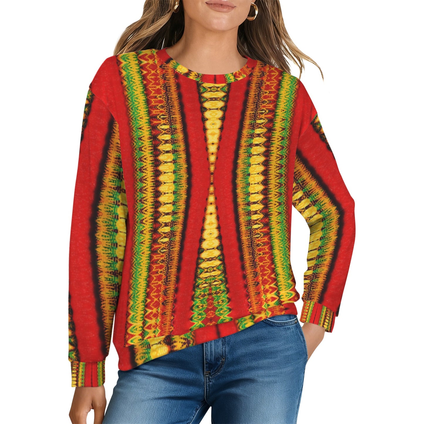 Women's Red Bold Tribal Pattern All-Over Print Women's Crew Neck Sweater