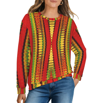 Women's Red Bold Tribal Pattern All-Over Print Women's Crew Neck Sweater