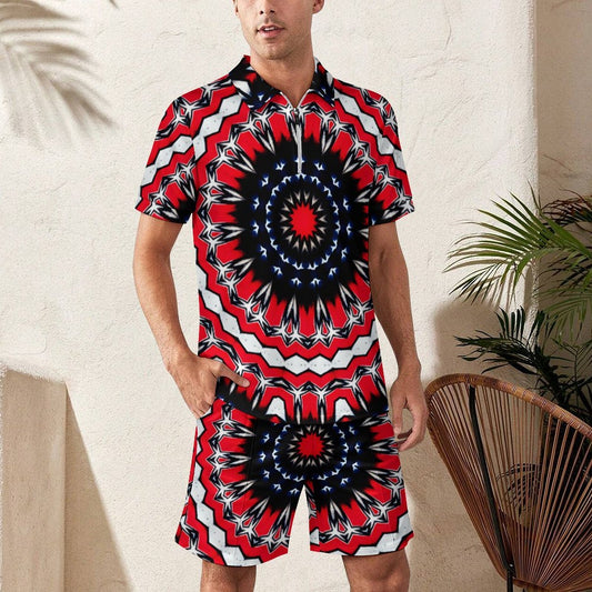 Men's Red, Black & White Psychedelic Pattern All-Over Print Shirt Zip-Up Polo Set