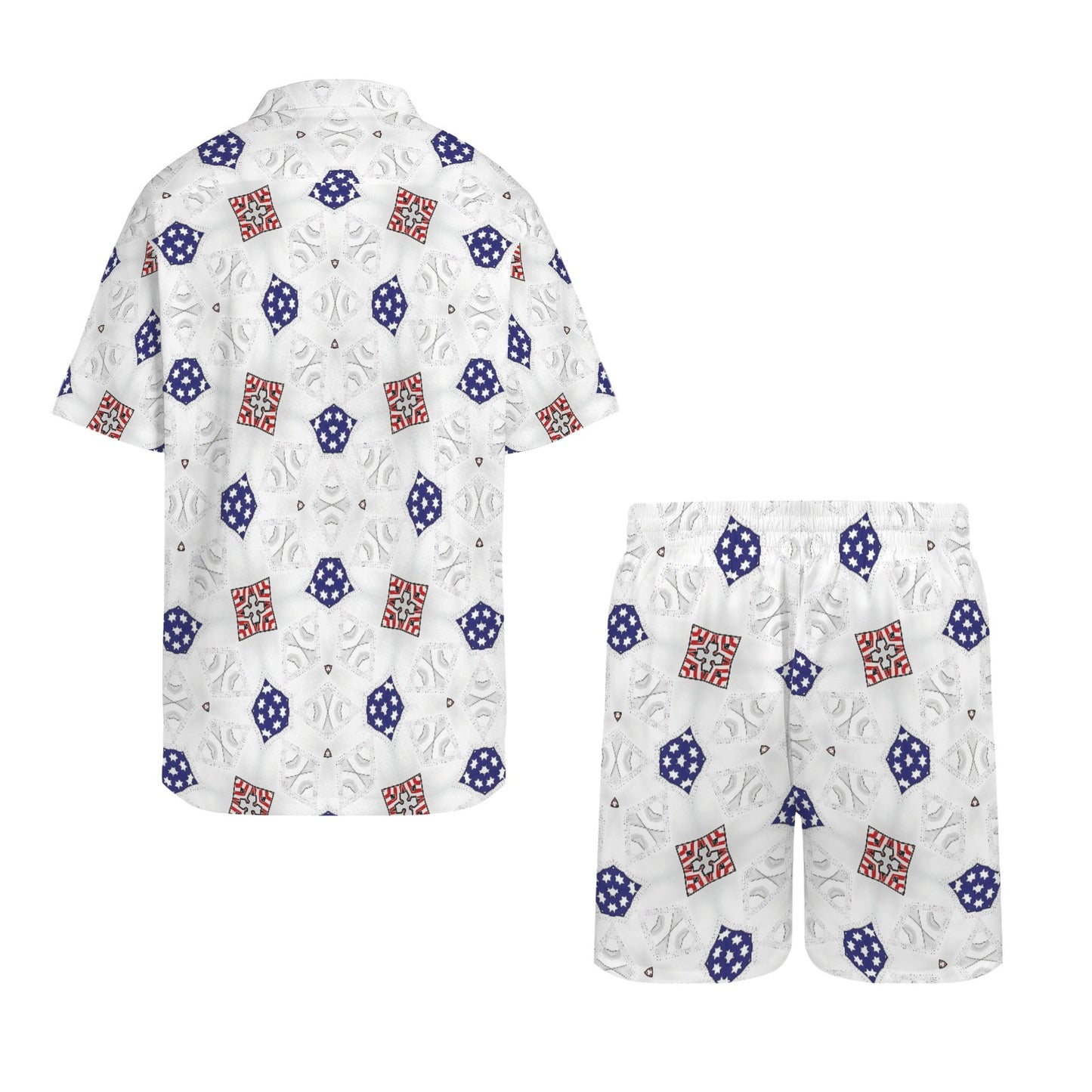 Men’s White, Blue & Red Geometric Pattern All Over Print Men's Hawaiian Shirt & Shorts Set