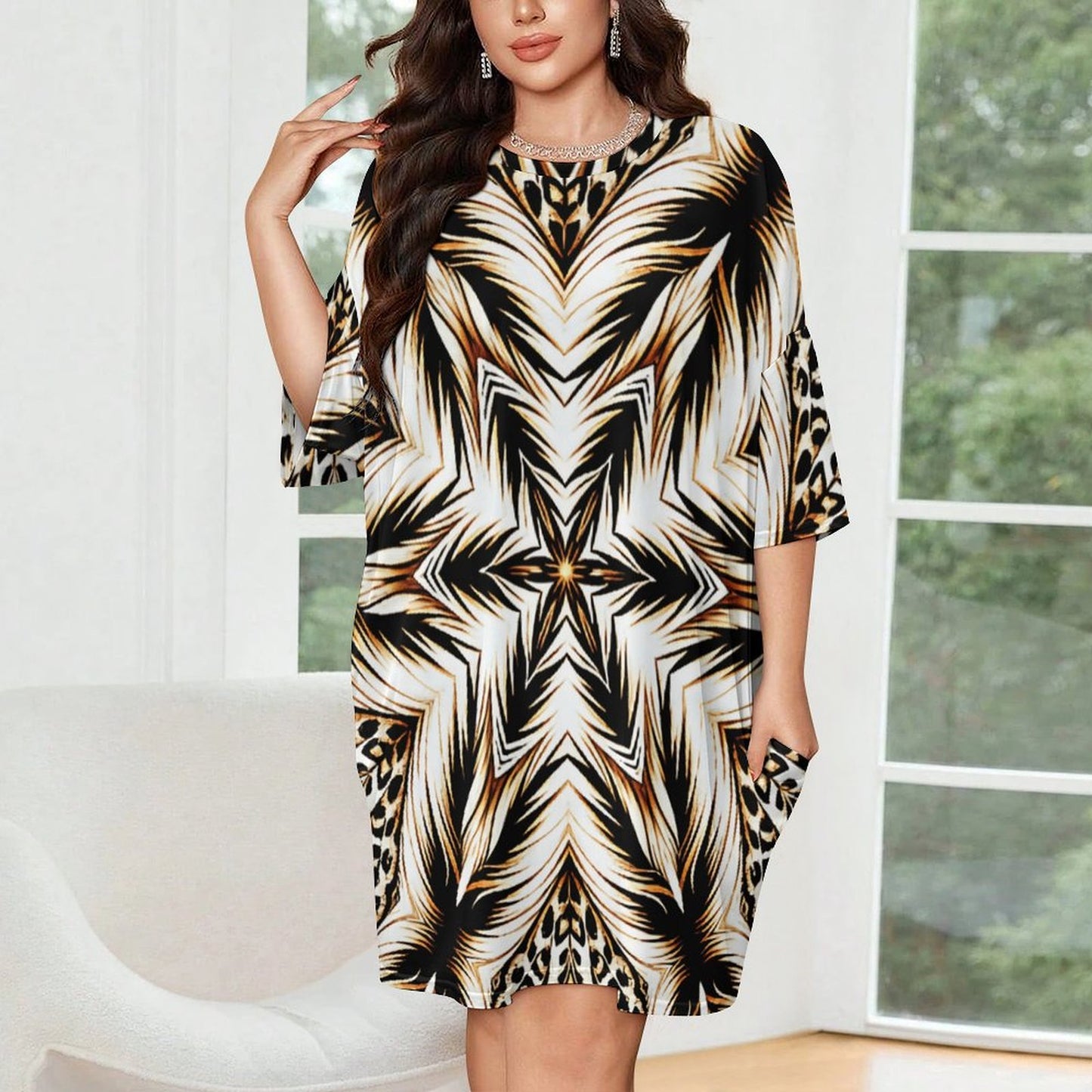 Women's Brown & Black Kaleidoscope Pattern Oversized T- Shirt Loungewear