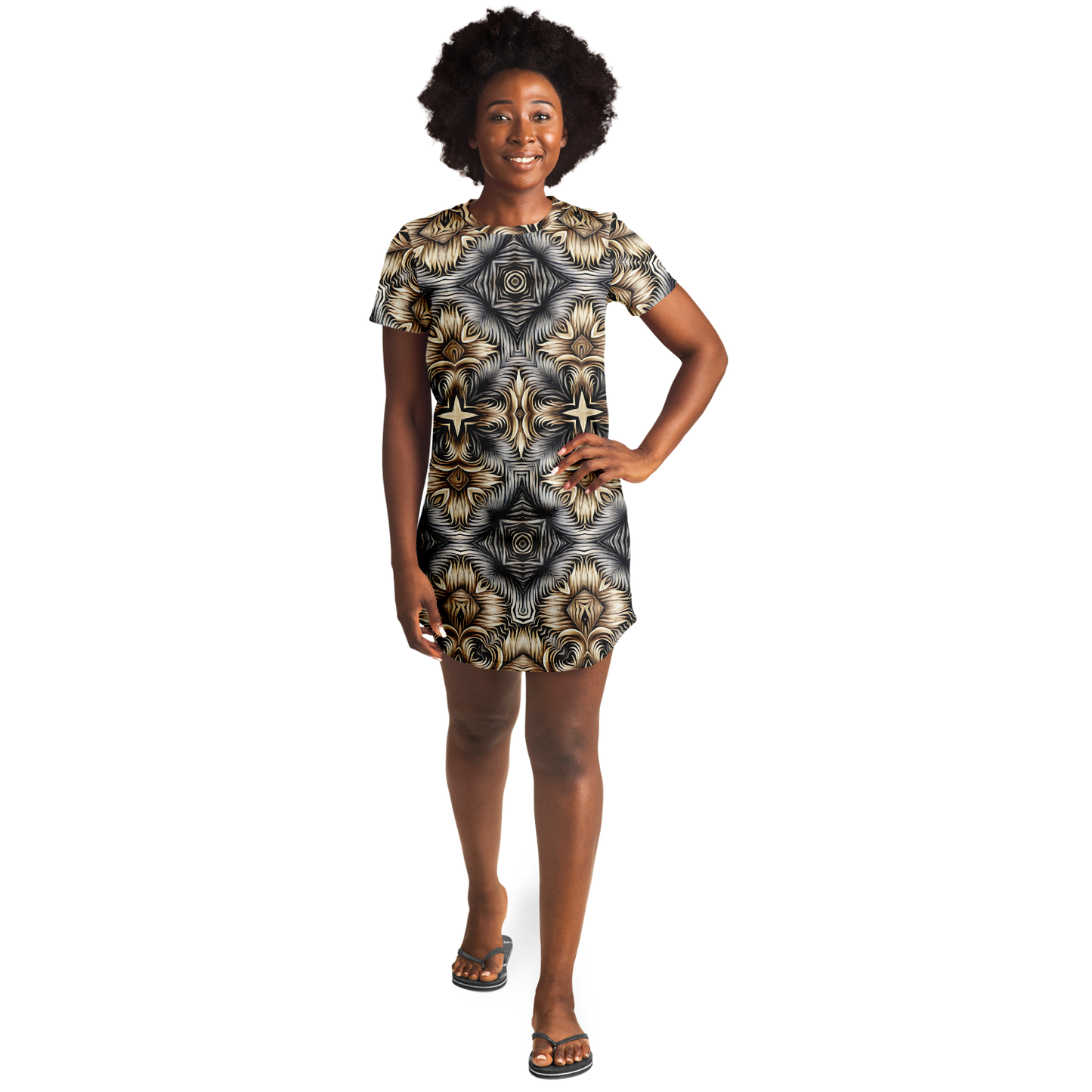 Women's Neutral Geometric Floral Pattern All Over print T-Shirt Dress