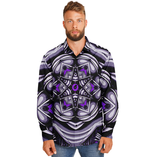 Men's Kaleidoscope Purple Pattern Spread Collar Long Sleeve Button-Down All Over Print Shirt.