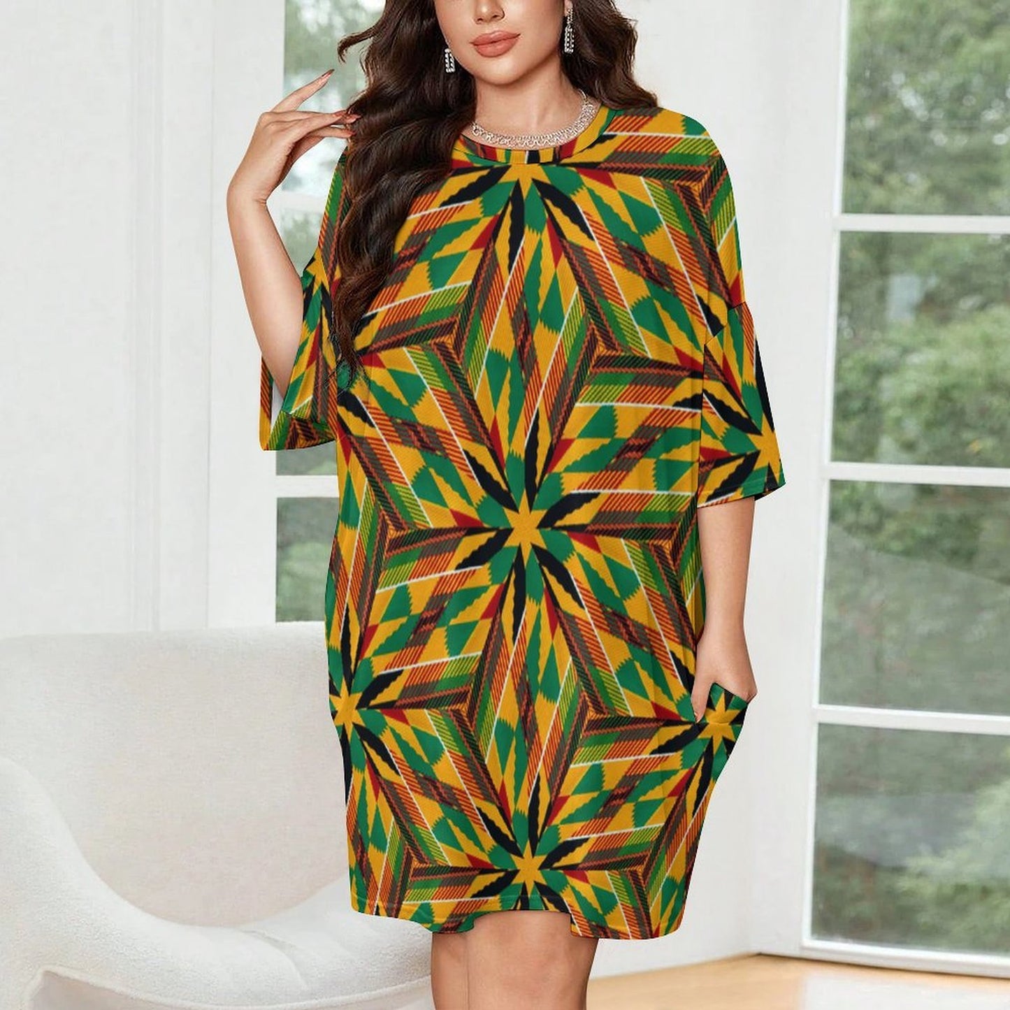 Women's Vibrant African Kente-Inspired Pattern All-Over Print Oversized T- Shirt Loungewear